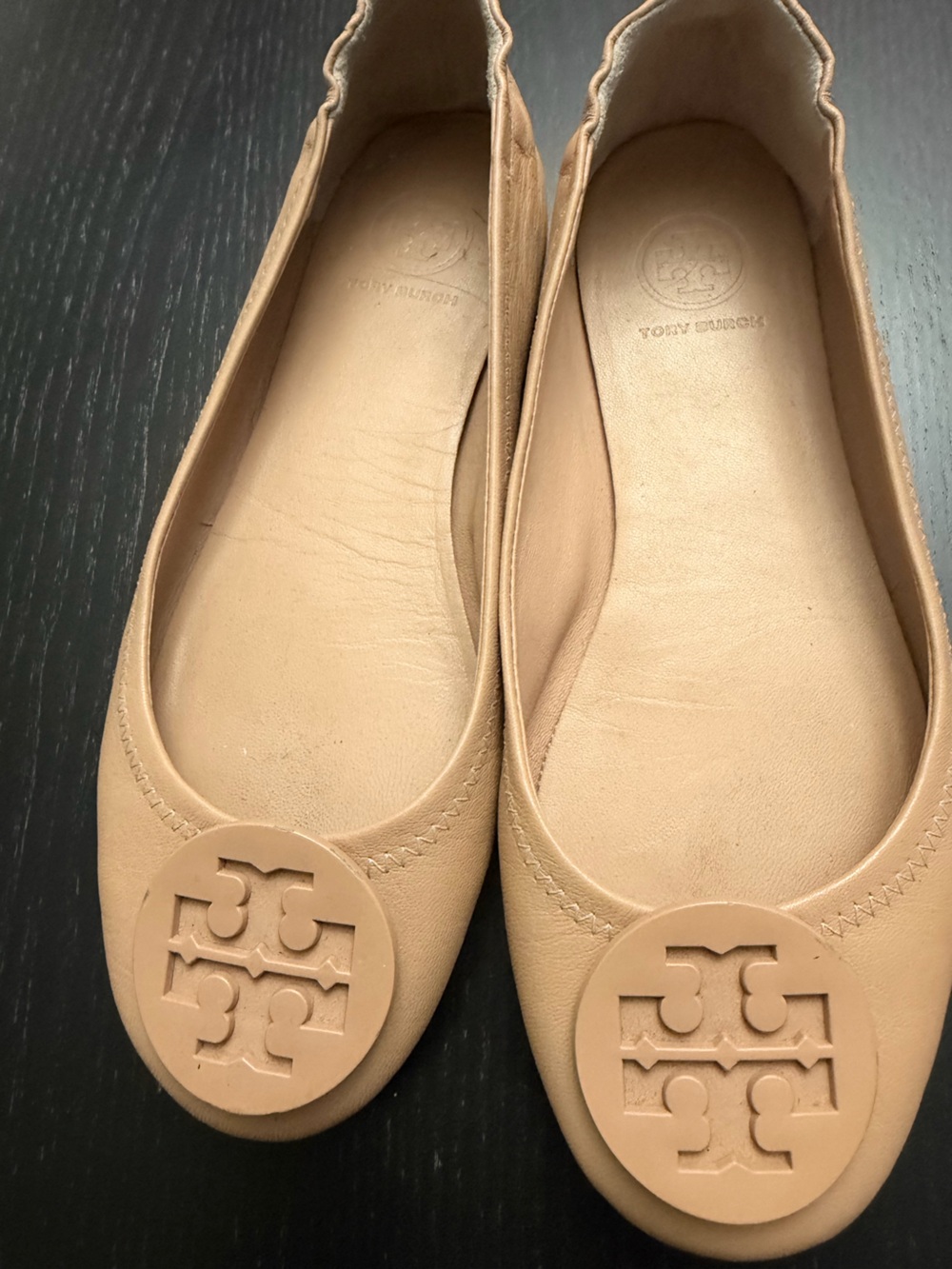 Tory Burch Beige Leather Logo Ballet Flats